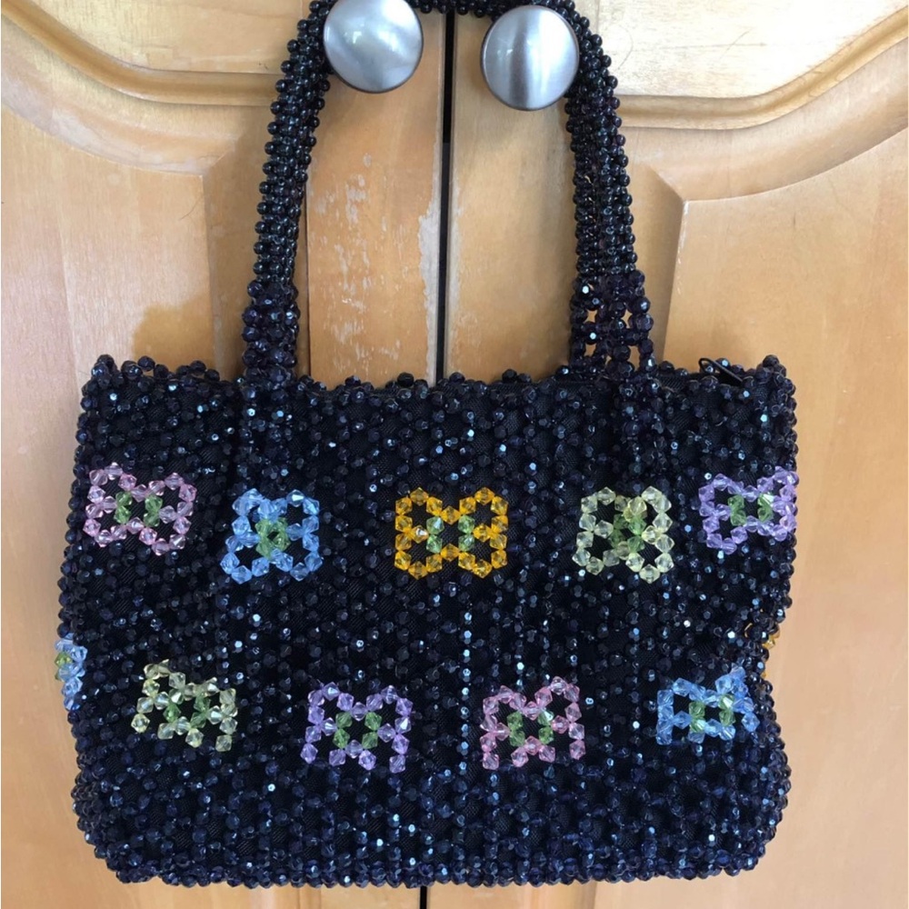Hand Beaded Black Purse with Multicolor Bows